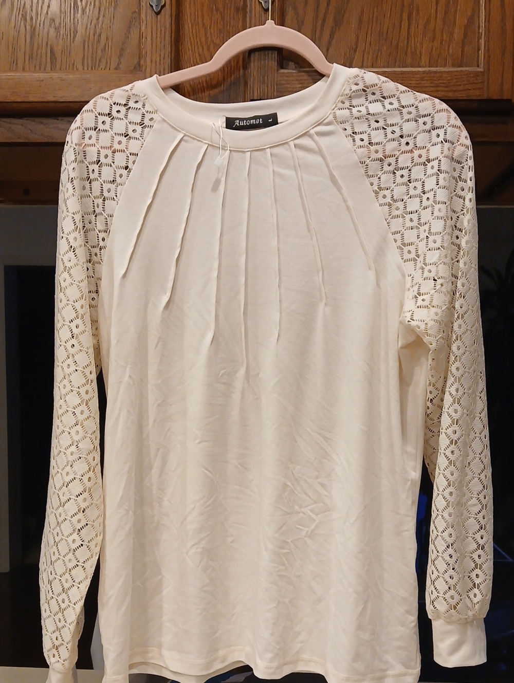 Women's Cream Lace Sleeve Pleated Front Top